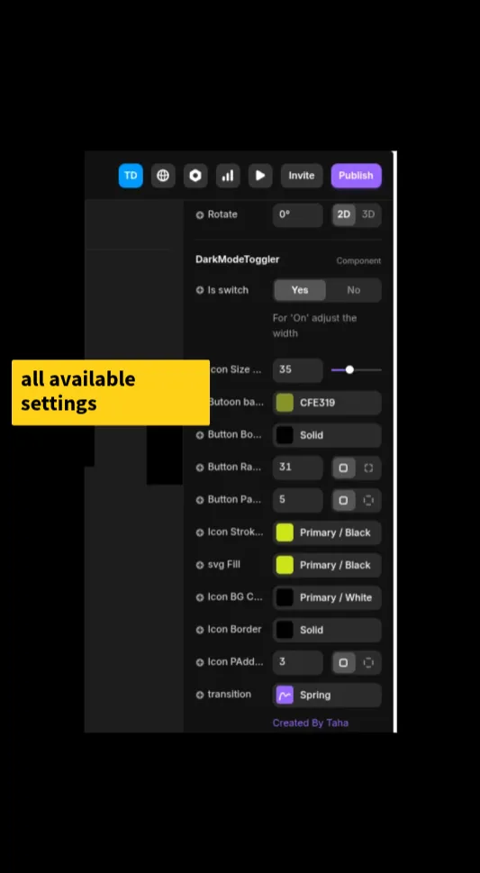 all settings available from the framer theme toggle component