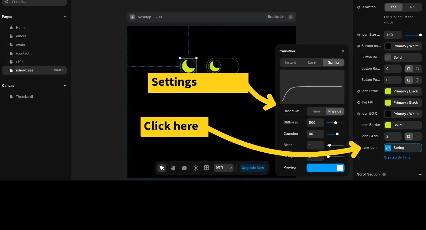 transition settings for framer theme toggle component