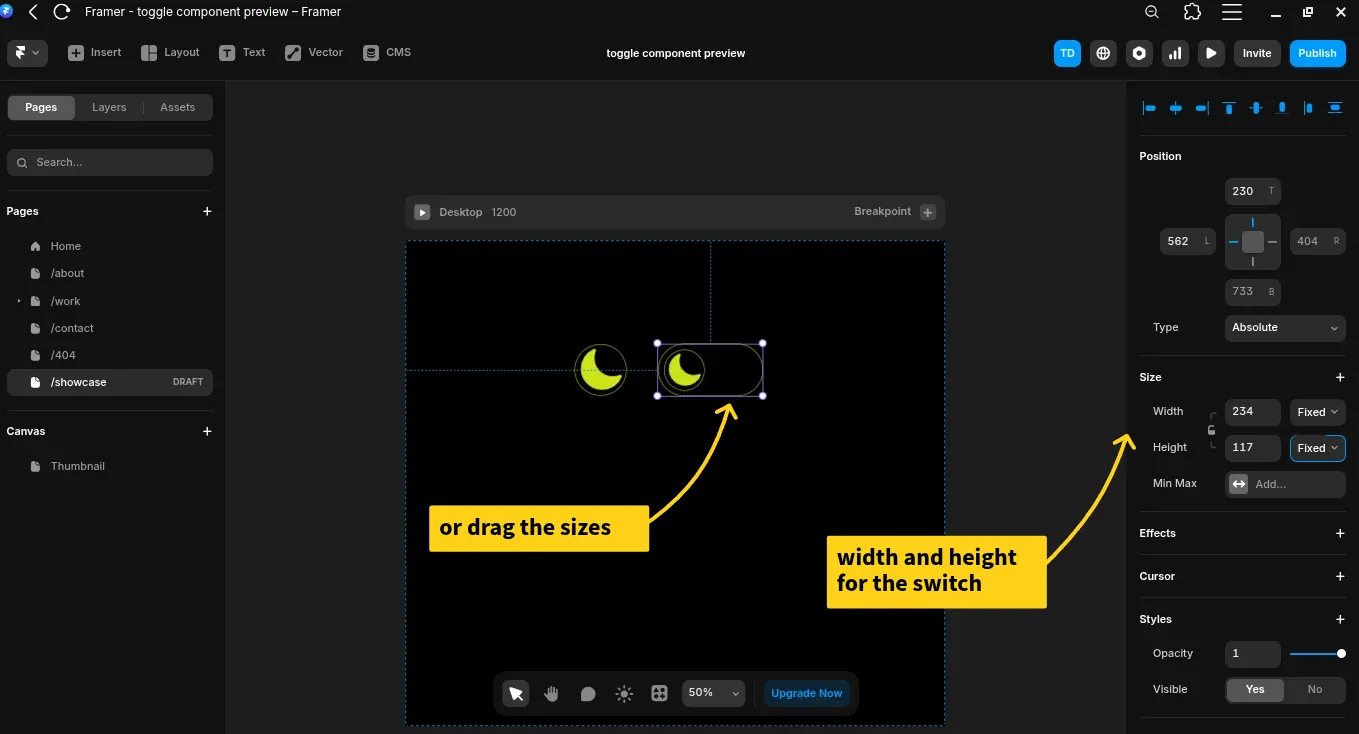 set the width and height for framer theme toggle component